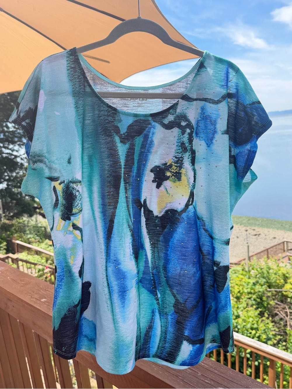 Apt. 9 Teal and Blue Abstract Short Sleeve Top with Sparkle XL